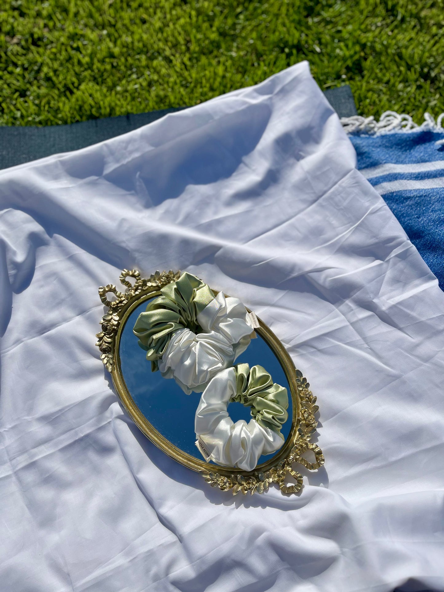 Sage white satin scrunchie