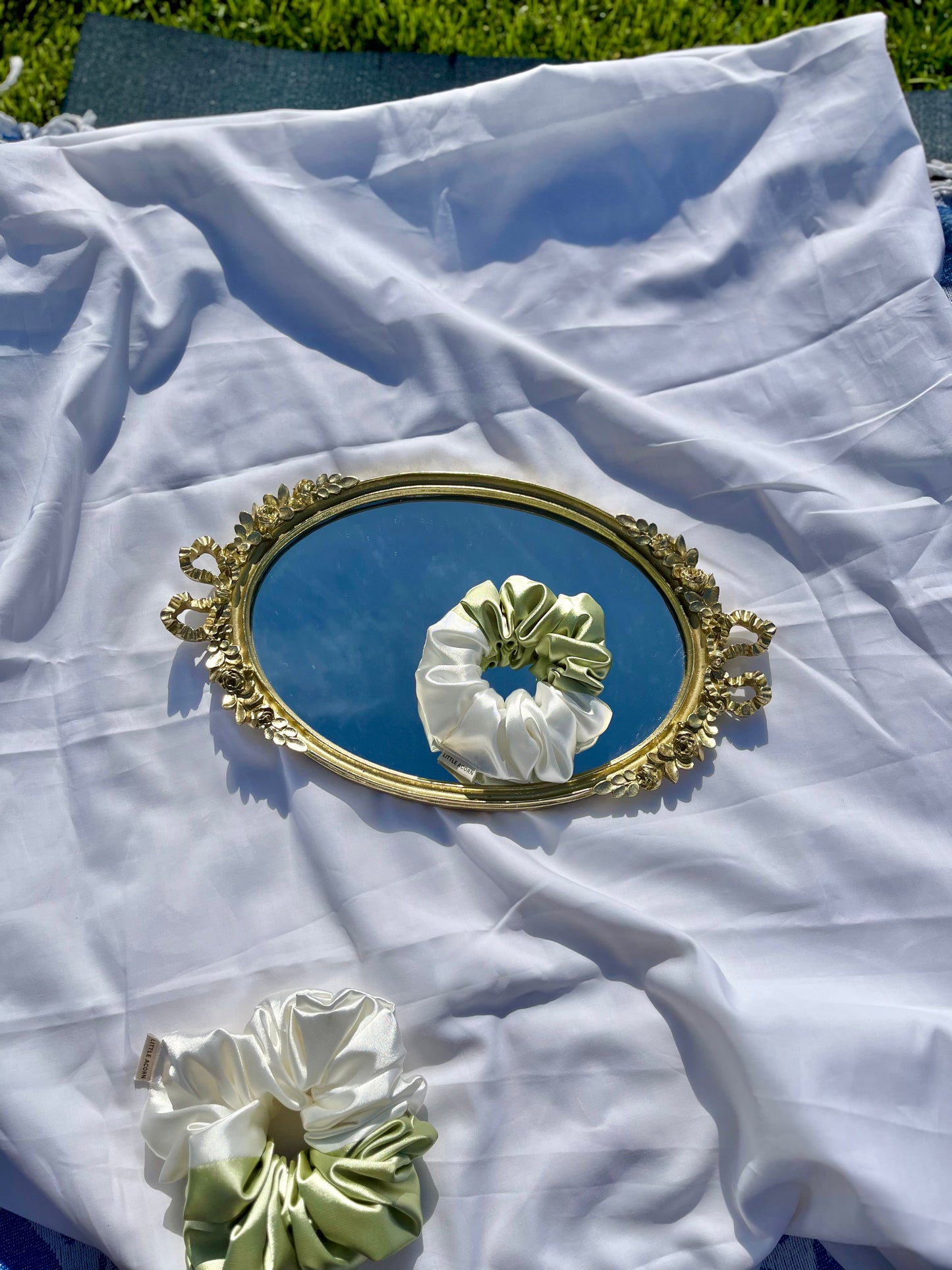 Sage white satin scrunchie