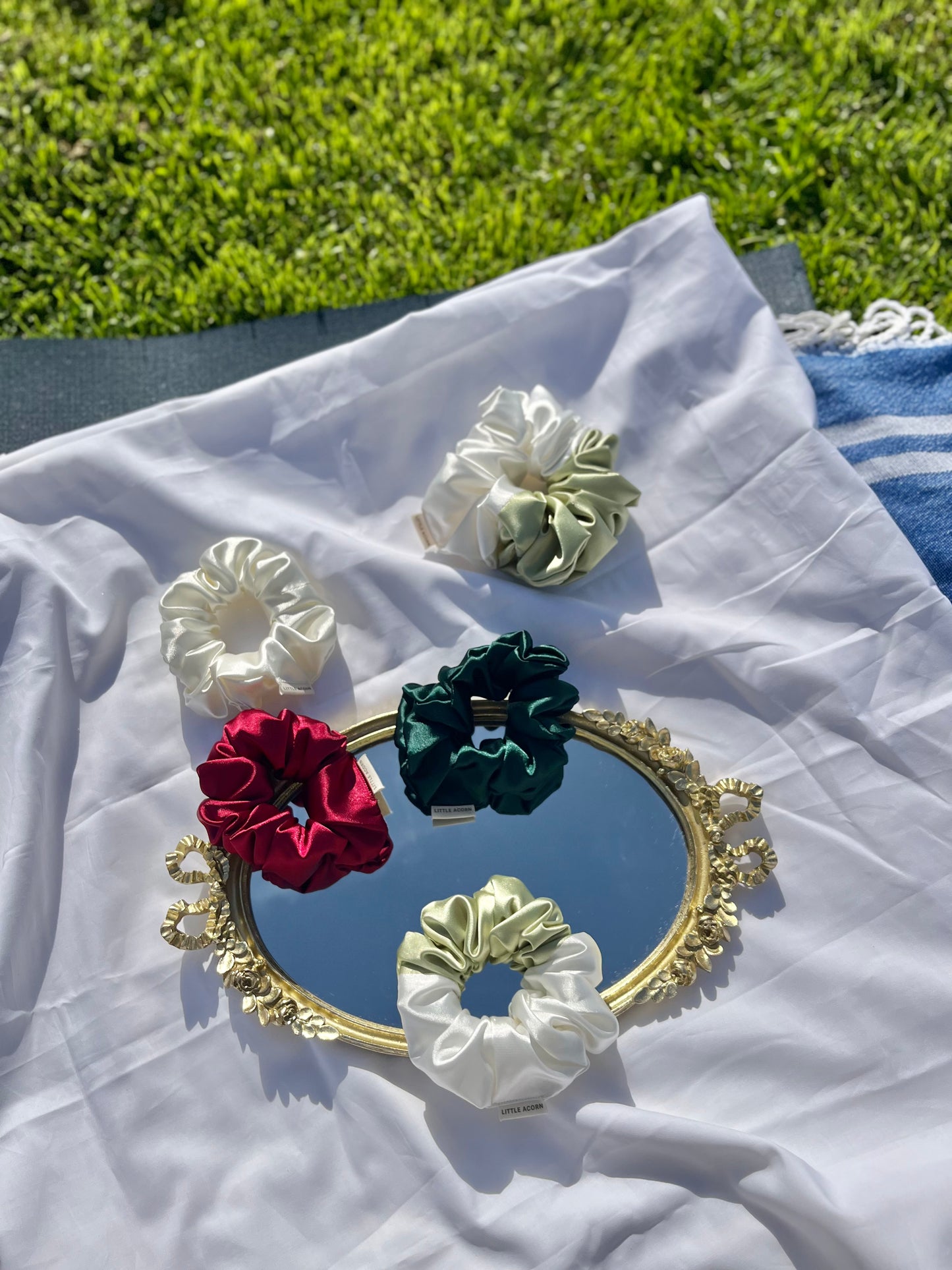 Sage white satin scrunchie